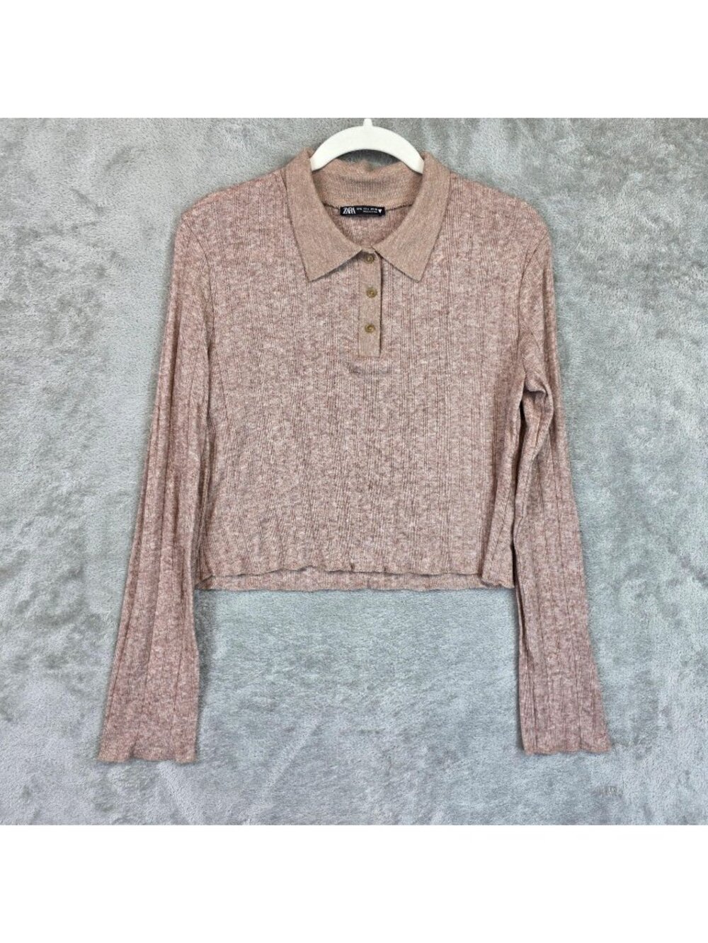 Zara Sweater Womens L Beige Collared Henley Long Sleeve Rib Knit Cropped Polo